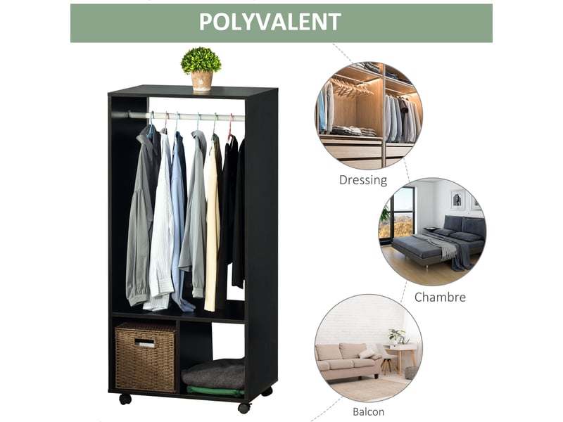  Lot de 2 portants à vêtements penderie mobile avec roulettes 2 niches + espace grand penderie en bois noir  - Conforama R
