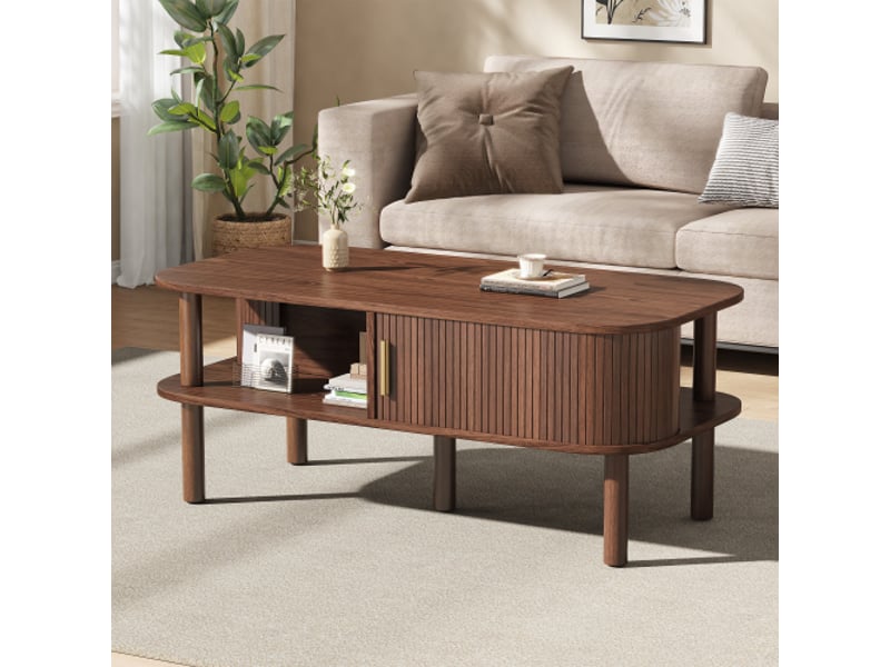 Table basse 110 x 55 x 45 cm - porte coulissante rainurée - rangement ouvert - mdf et bois - noyer - Conforama B