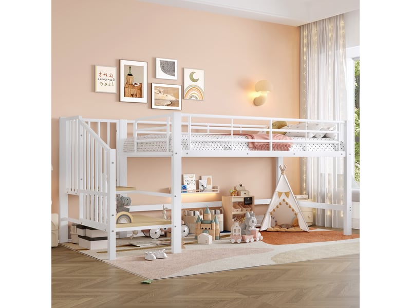  Lit mi-hauteur enfant 90 x 200 cm avec escalier de rangement, métal et mdf, blanc, sommier à 24 lattes inclus  - Conforama D