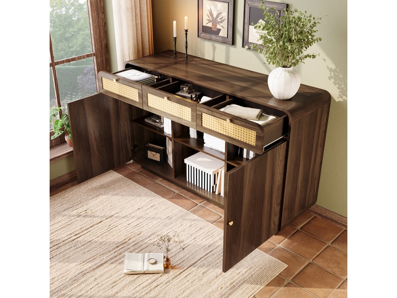 Buffet 3 tiroirs, 2 portes et 2 niches avec étagères réglables pour salon 120×40×85 cm noyer - Conforama D