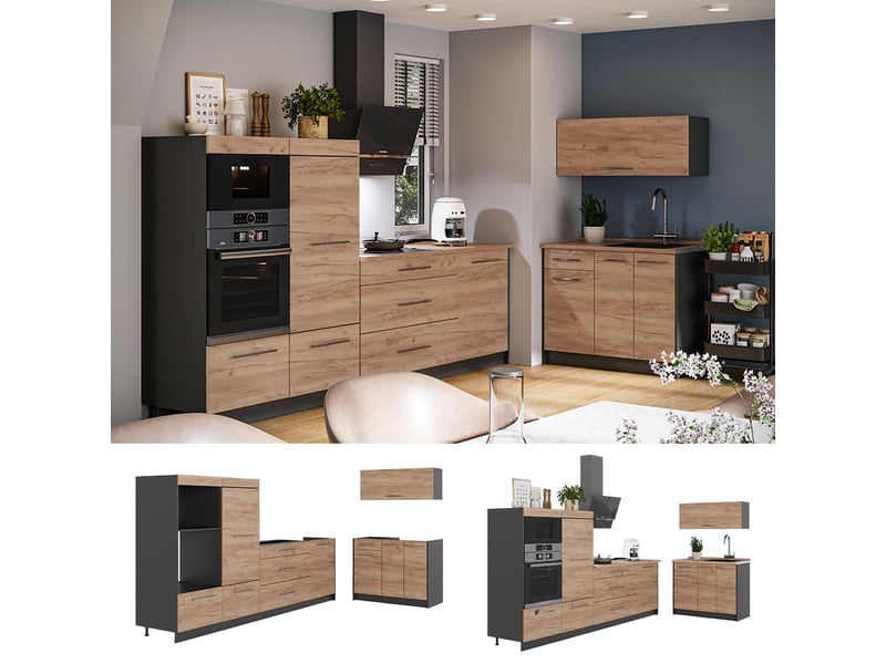 Vicco cuisine, chêne de force doréanthracite, 380cm, pt marbre - Conforama D