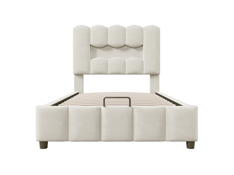 Lit rembourré beige 90x200 cm en velours avec led, rangement hydraulique, tête réglable - Conforama A