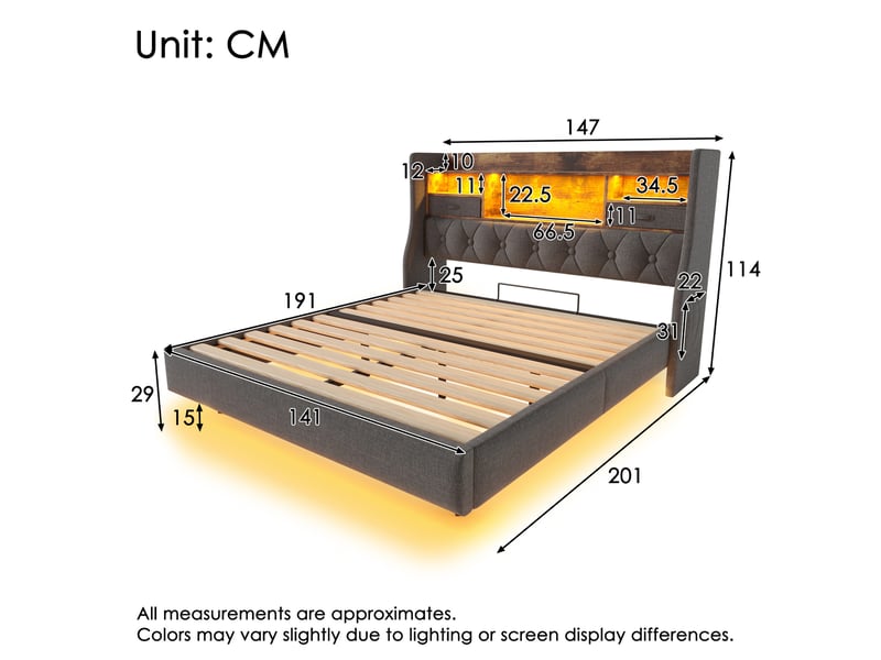  Lit avec rangement 140x190 cm, tête de lit avec rangement, tiroirs, éclairage led, usb et usb-c, cadre de lit, pour chambre - gris  - Conforama C