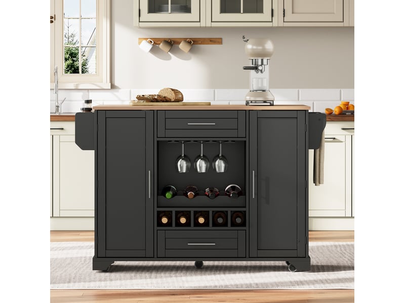  Îlot de cuisine 138x45(70)x92 cm à plateau extensible, rangement bouteilles, pour la cuisine, en mdf, noir et naturel  - Conforama D