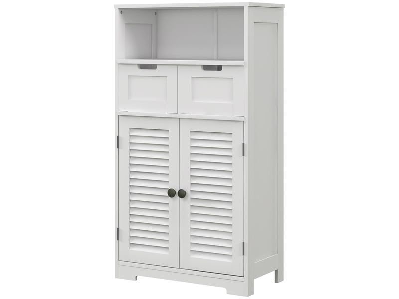 Meuble de salle de bain à 2 portes, étagère réglable, 2 tiroirs et compartiment de rangement, 61 x 30,5 x 109,5 cm, blanc - Conforama B