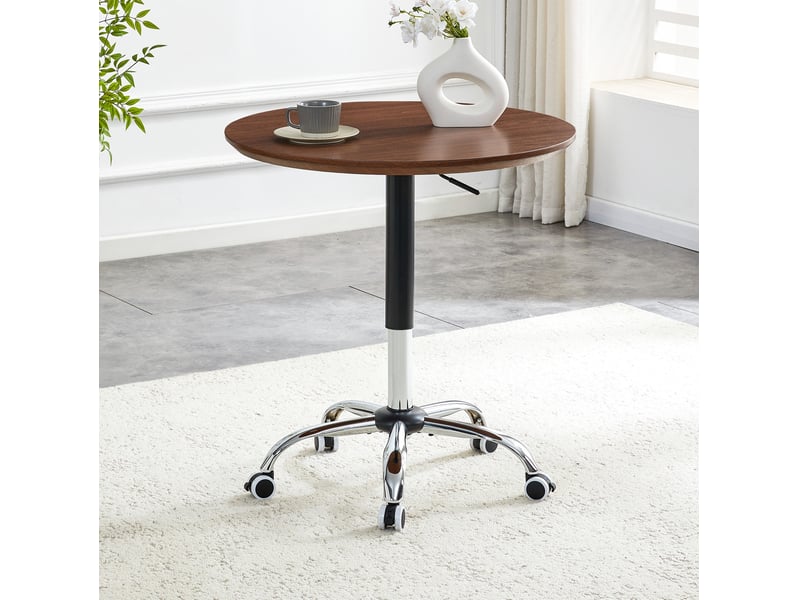  Table basse avec plateau rond réglable en hauteur et roulettes silencieuses, en mdf et métal chromé, noyer ø 70 cm  - Conforama E