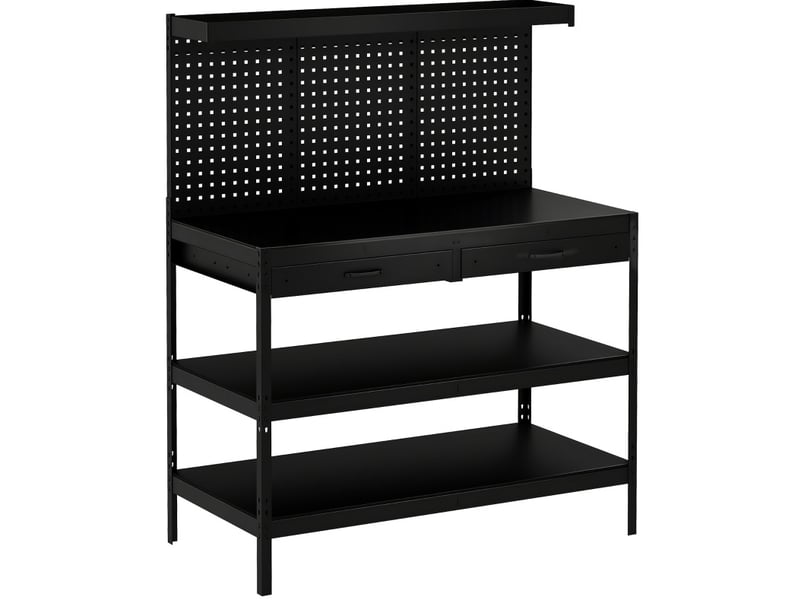 Établi d'atelier 122 x 61 x 156 cm noir, acier, panneau perforé, avec 2 tiroirs et étagères réglables - Conforama A