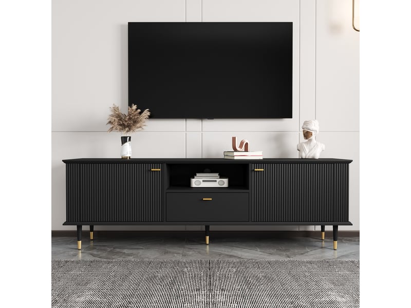 Meuble tv avec 2 portes, niche ouverte et tiroir - lpospi - passe-câbles, fermeture douce, mdf noir 170 × 36 × 54 cm  - Conforama C