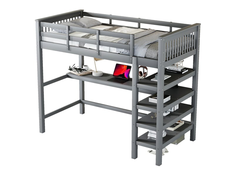  Modenvie lit mezzanine enfant 90x200 cm - avec bureau et étagères, sans matelas - gris  - Conforama A