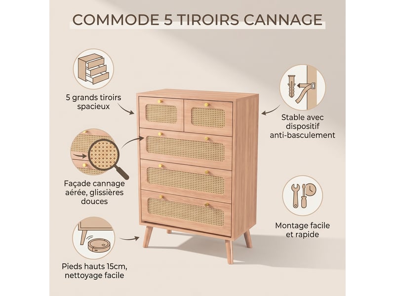  Commode 60 cm effet rotin, 5 tiroirs, buffet 60, commode chambre, meuble de rangement, style scandinave, chêne clair  - Conforama C