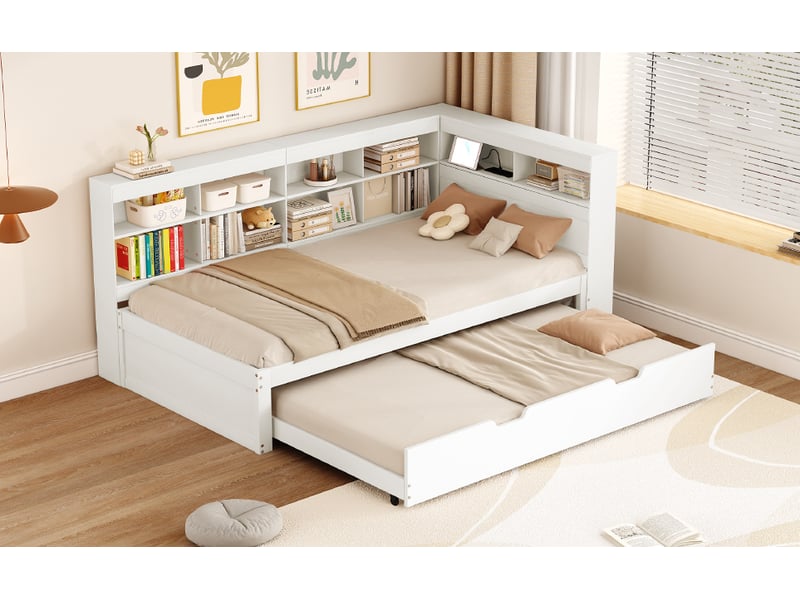  Lit gigogne multifonction 90x200 cm + 90x190 cm, espaces de rangement multiples, usb, bois, blanc sans matelas  - Conforama D