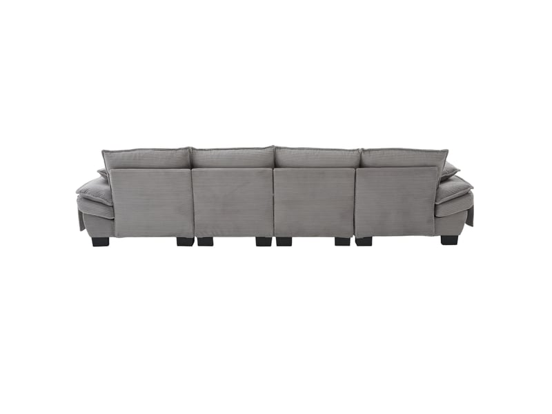 Canapé modulable 4 places en velours côtelé gris clair avec 2 poufs, usb-c et rangement intégré pratique - Conforama D