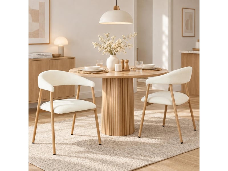  Chaises de salle à manger lot de 2 rembourrée en chenille, pieds en métal effet bois, beige  - Conforama B