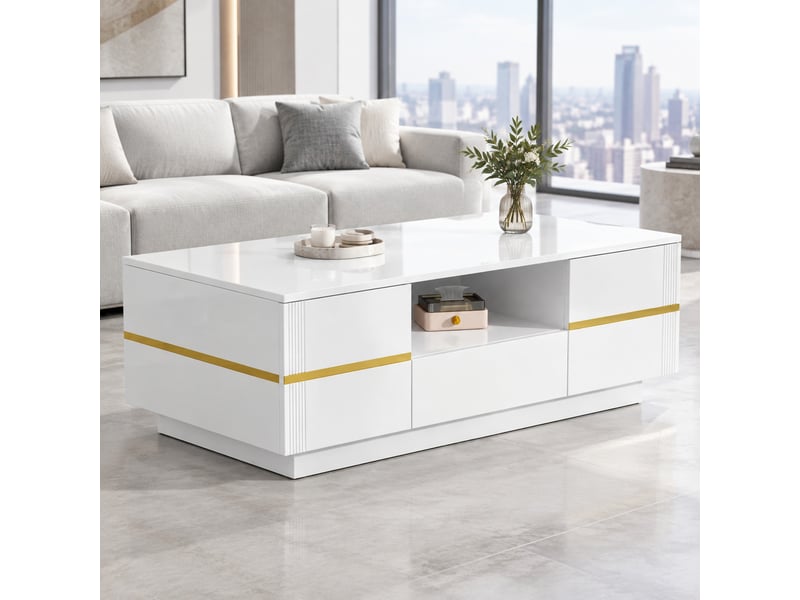  Table basse avec 2 portes, tiroir et niche - lpospi - plateau brillant en mdf blanc et doré 100 × 50 × 35,5 cm  - Conforama C