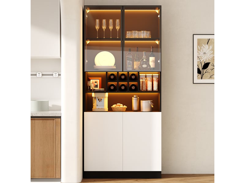 Buffet haute 80x30x180 cm avec led multicolore, verre trempé, niche ouverte, casier à 6 bouteilles, 2 portes, meuble noir pour salon - Conforama B