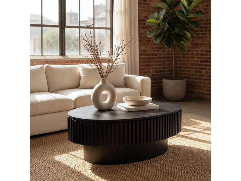  Table basse ovale,98x60x35 cm,avec rangement caché,mdf,noir mat  - Conforama B