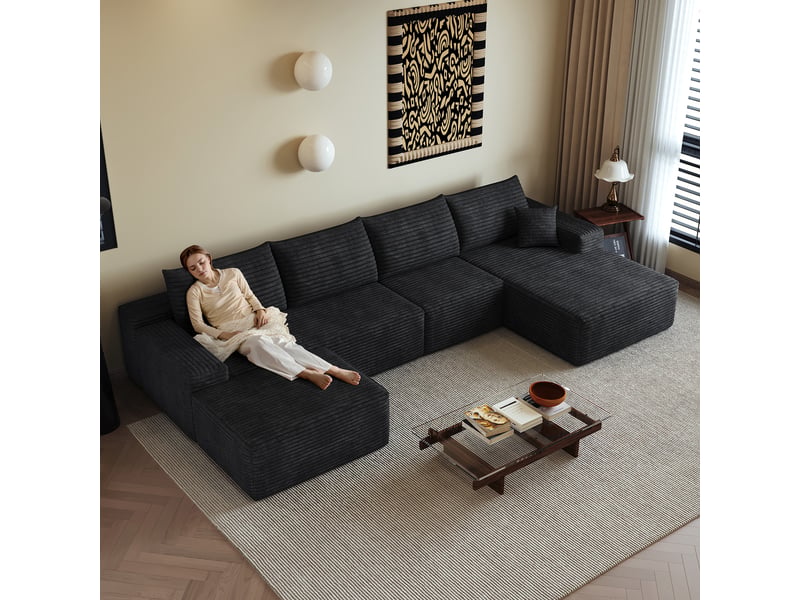 Canapé d'angle noir modulable avec méridienne, canapé en l assise profonde sans montage, canapé compressé - Conforama R