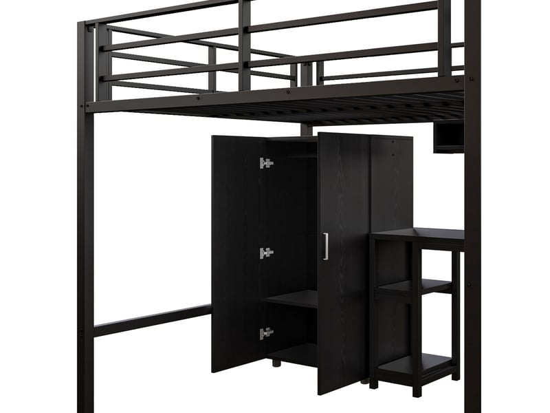  Lit mezzanine enfant 140 x 200 cm avec bureau, armoire et escalier de rangement, en métal et mdf noir  - Conforama W