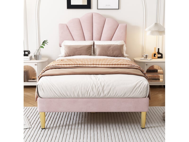 Modenvie lit capitonné 90x200 cm - velours, tête de lit réglable, pieds dorés - pour chambre - rose  - Conforama D