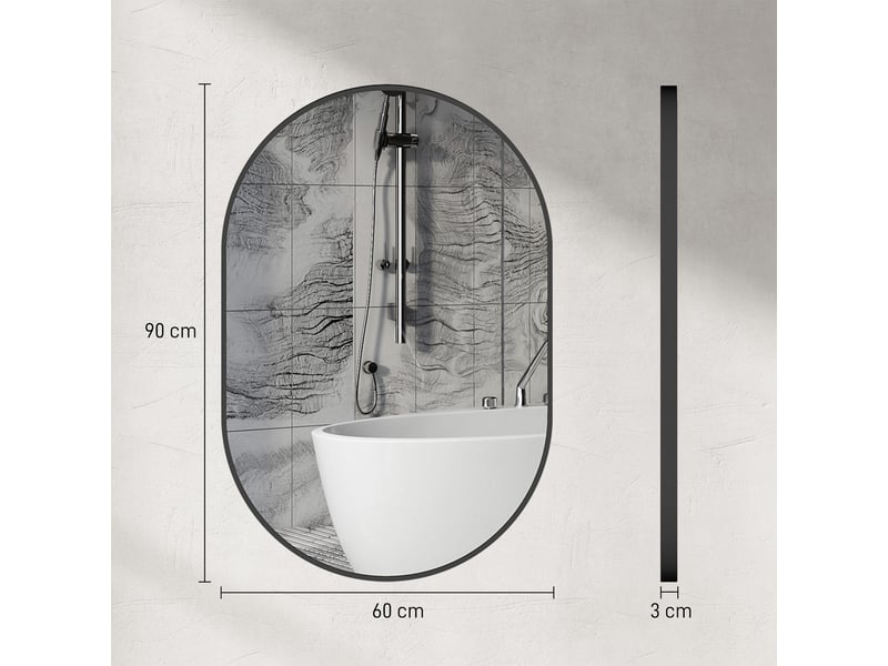  Miroir de salle de bain ovale mural avec cadre en aluminium, vertical ou horizontal, 60 x 90 cm, noir  - Conforama E