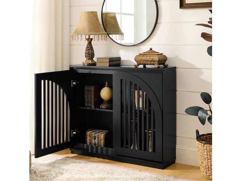 Buffet étroit style mid-century moderne avec fronts rainurés et 2 passages de prise, meuble de rangement noir pour salon, entrée, cuisine ou coin café 4071258408425 - Conforama D