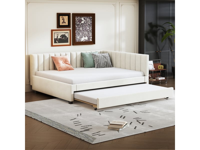  Lit rembourré en velours beige 140x200 cm  - Conforama D