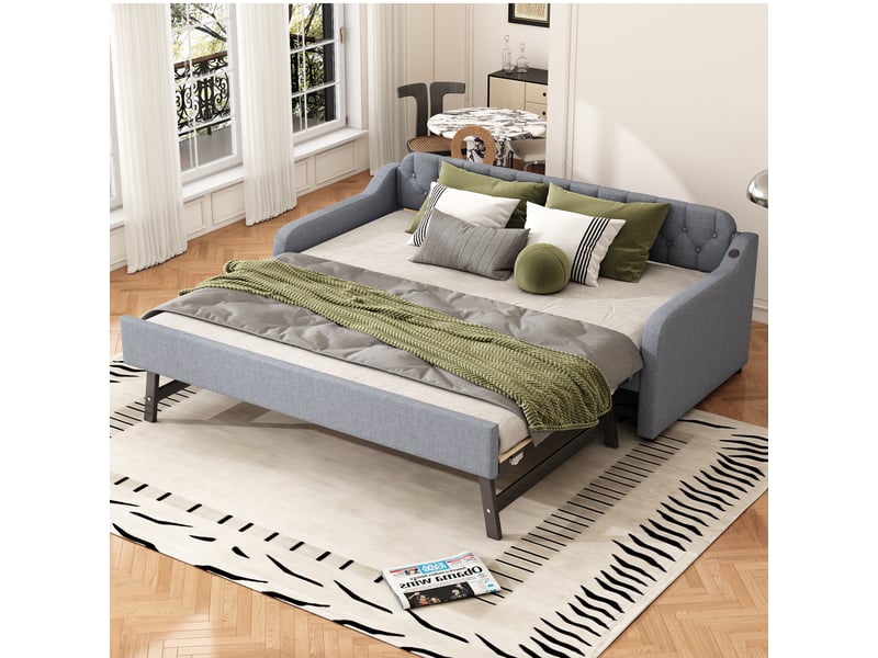  Lit banquette 90x200 cm - lit simple avec rollbed intégré - lin et mdf - sans matelas - gris  - Conforama E