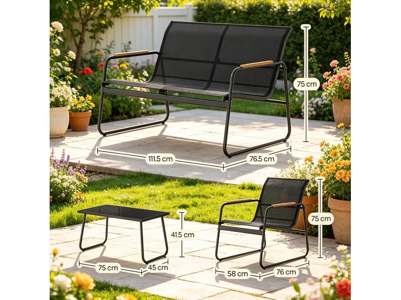 Salon de jardin 4 places 111,5 x 76,5 x 75 cm – noir – table en verre trempé et assises ergonomiques - Conforama C