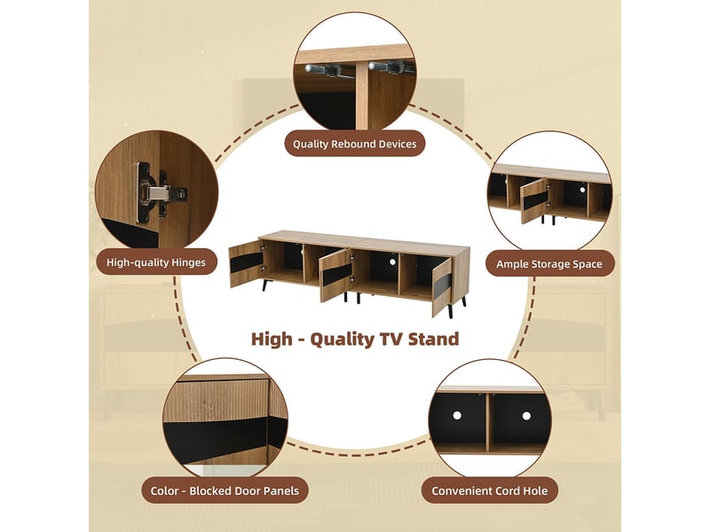Meuble tv bois noir 4 armoires 8 pieds charge 30 kg design symétrique bas  - Conforama F