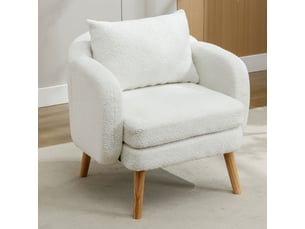 Fauteuil blanc en velours teddy, assise rembourrée avec coussin, structure bois massif et métal, design moderne pour salon