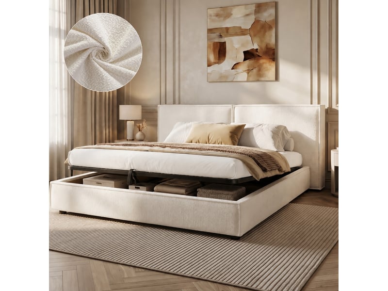  Lit double 180 × 200 cm avec coffre hydraulique, sommier à lattes et tête de lit rembourrée en tissu bouclette blanc  - Conforama D