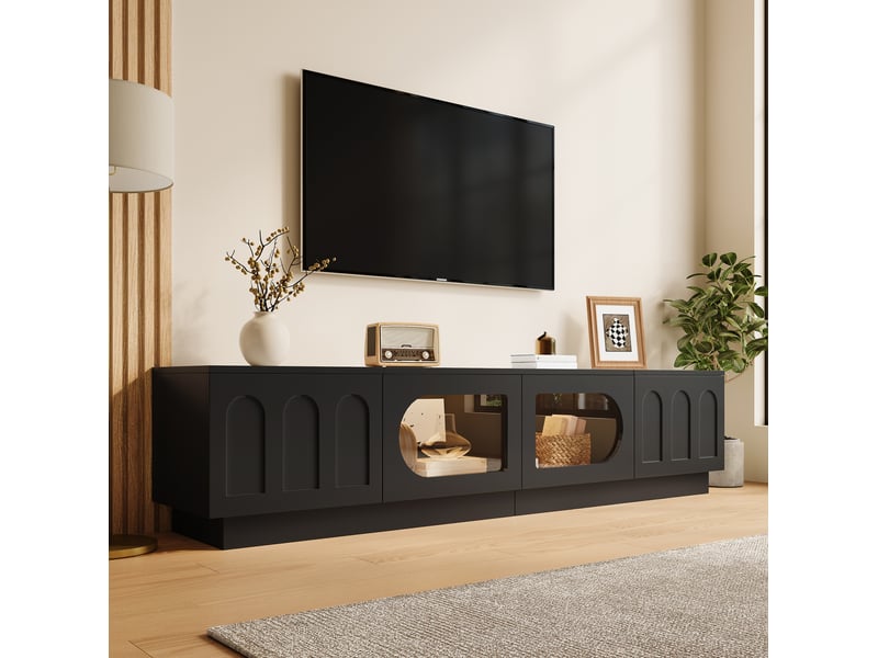  Meuble tv 200x40x42 cm, couleur noir en panneaux de particules et mdf, 4 portes, porte arquée, éclairage led contrôlable par application  - Conforama D