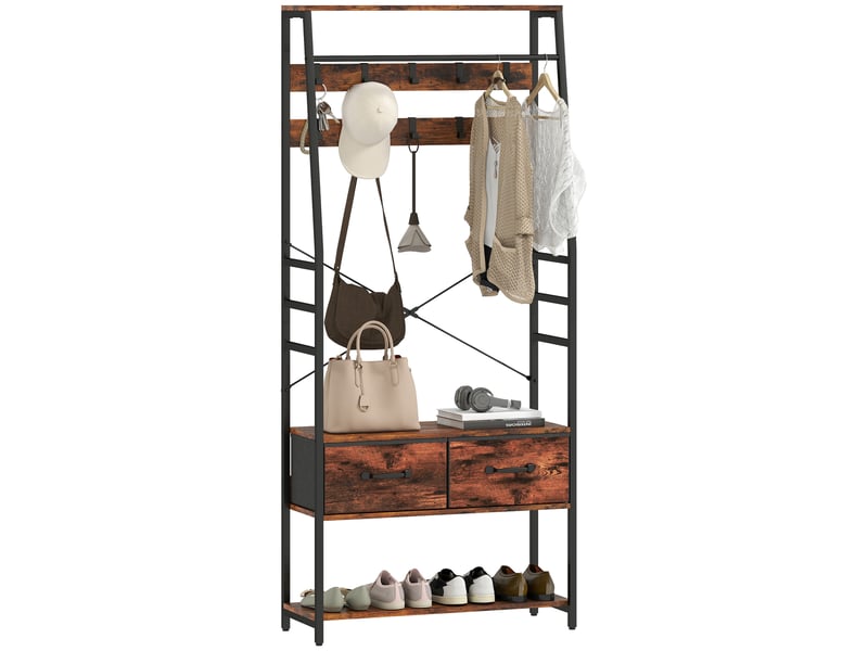  Meuble d'entrée 6 en 1 portemanteau tringle à vêtements étagère 2 tiroirs 10 crochet 80 x 30 x 180 cm brun rustique  - Conforama A