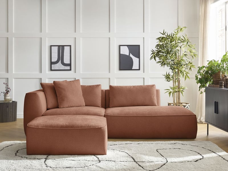  Bobochic canapé droit fixe 3 places leopold tissu texturé avec pouf orange  accoudoir gauche LEOPOLD - Conforama D