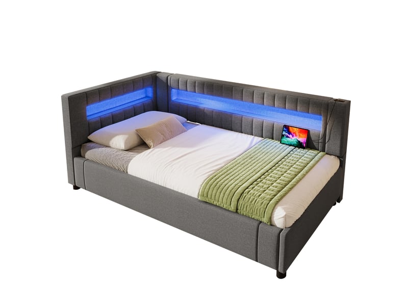  Lit simple 90x200 cm rangement hydraulique et led en lin gris  - Conforama A