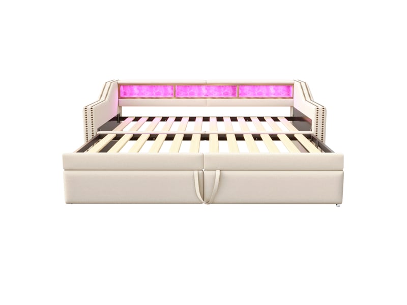  Lit gigogne beige 90x180 cm - led usb - sommier inclus - couchage gain de place  - Conforama E