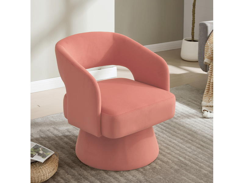  Fauteuil pivotant en chenille avec dossier ouvert et assise rembourrée, base tournante en bois rose  - Conforama D