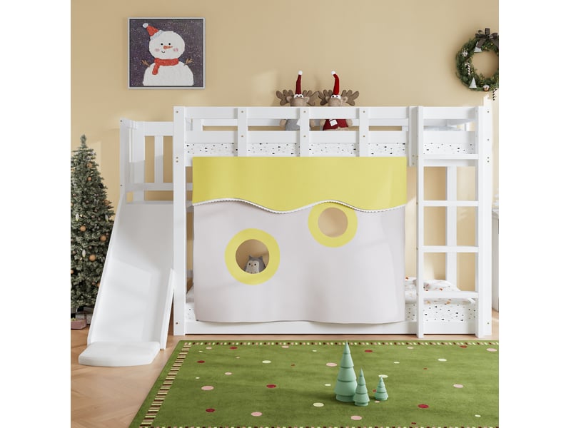  Lit superposé 244,5x165x140,5 cm avec escalier, toboggan, barrières, bois et mdf blanc  - Conforama B
