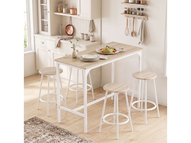  Ensemble table haute 5 pièces pour 4 personnes, style industriel, avec tabourets, pour cuisine et salle à manger, en chêne.  - Conforama D