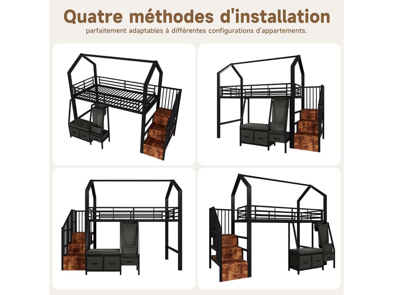 Lit mezzanine 90 x 200 cm – avec étagère de rangement en tissu – avec 3 tiroirs – avec échelle – avec éclairage led – noir (matelas non inclus) - Conforama R
