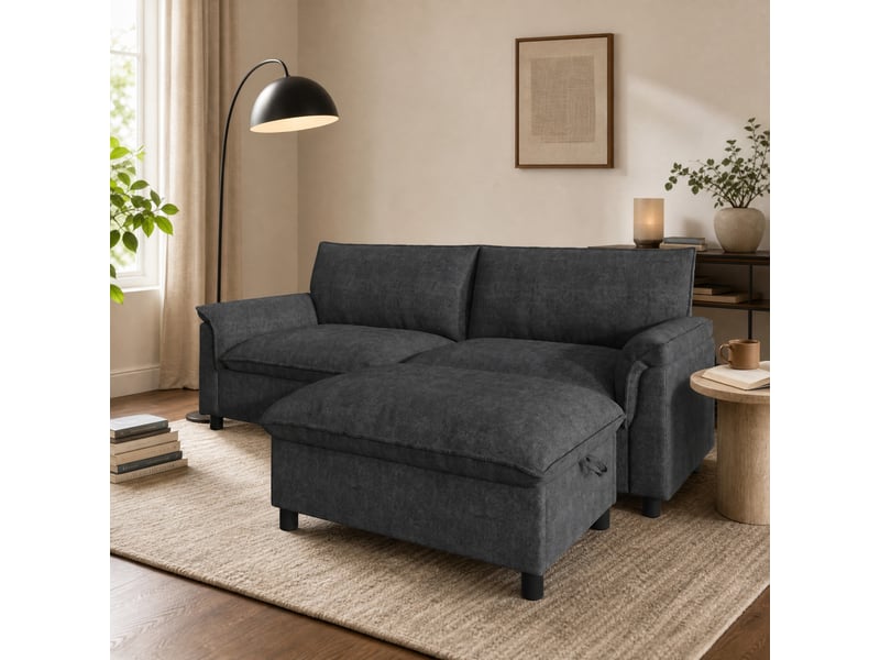  Canapé 3 places modulable gris en chenille avec pouf de rangement  - Conforama B