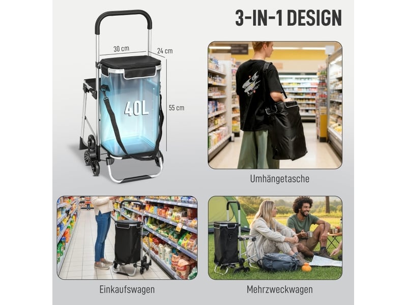  Chariot de courses 3 roues 59,5x46x97 cm – noir – sac oxford 40 l, siège pliant, cadre aluminium pliable  - Conforama D