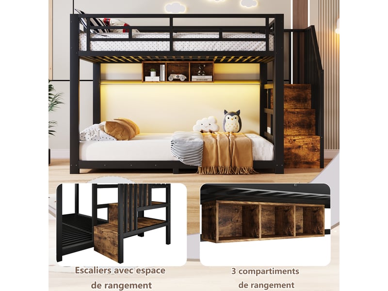  Lit superposé 4 places 140 x 200 cm avec led réglable par application, escalier avec rangement et 3 compartiments, métal noir, garde-corps  - Conforama E