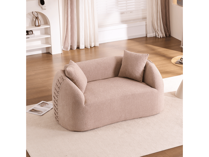  Canapé compressé 2 places 155x90x67 cm sans montage, sans structure, accoudoirs avec lacets, 2 coussins, mousse, tissu chenille crème abricot  - Conforama B