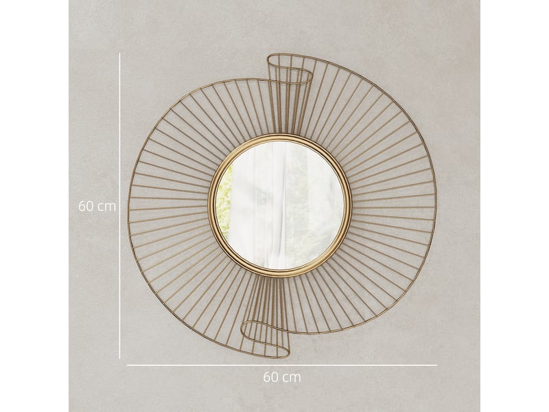  Miroir décoratif rond 60 cm avec fixation à 360°, doré, décoration murale en métal moderne avec détails plissés  - Conforama C