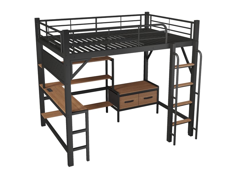  Lit mezzanine 140x200 cm, lit enfant, tiroirs, bureau, panneau perforé, étagères, barrière antichute, bois et métal noir  - Conforama B