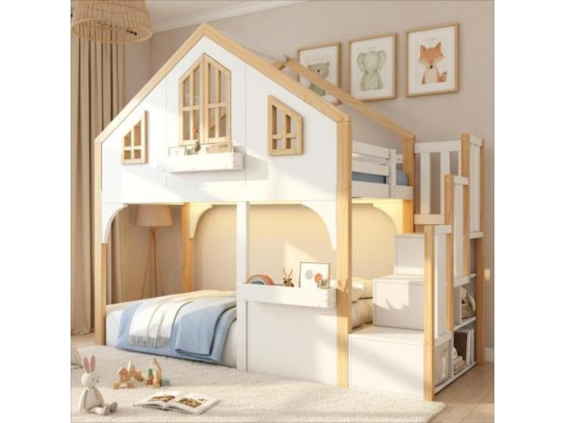 Lit superposé enfant 90×200cm, forme maison, led + escalier rangement, blancnaturel - Conforama D