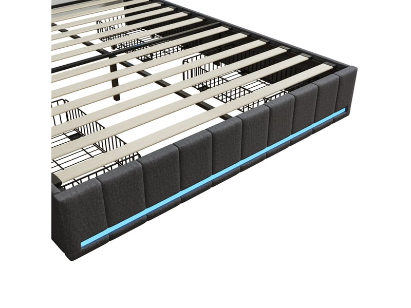  Lit 160 x 200 avec sommier,lit double 160 x 200, 4 tiroirs de rangement, bandeau led port usb, revêtement tissu lin, gris  - Conforama E