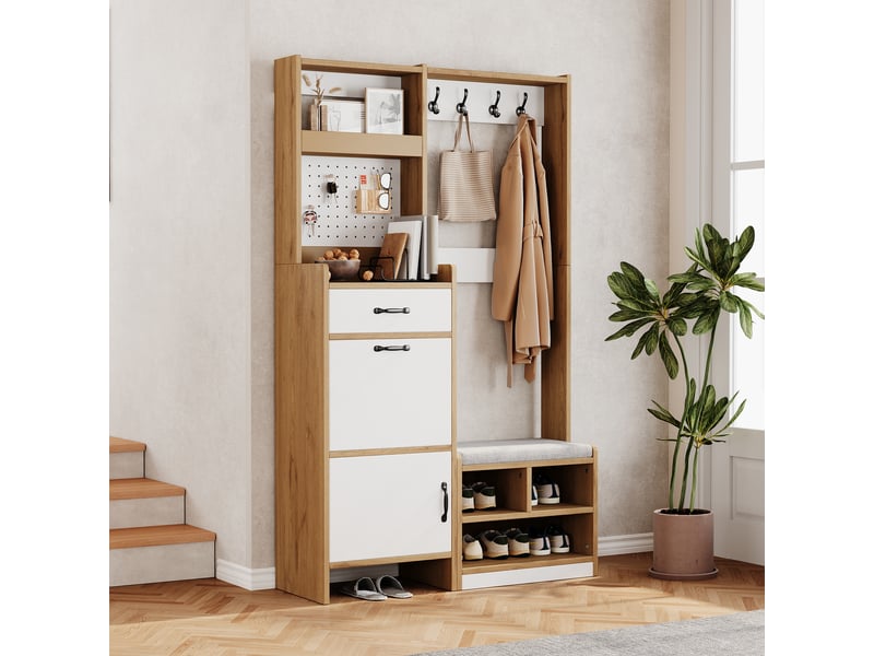  Meuble d’entrée avec banc et porte-manteaux | meuble à chaussures | rangement | 108,5 x 35 x 180 cm | chêneblan  - Conforama R
