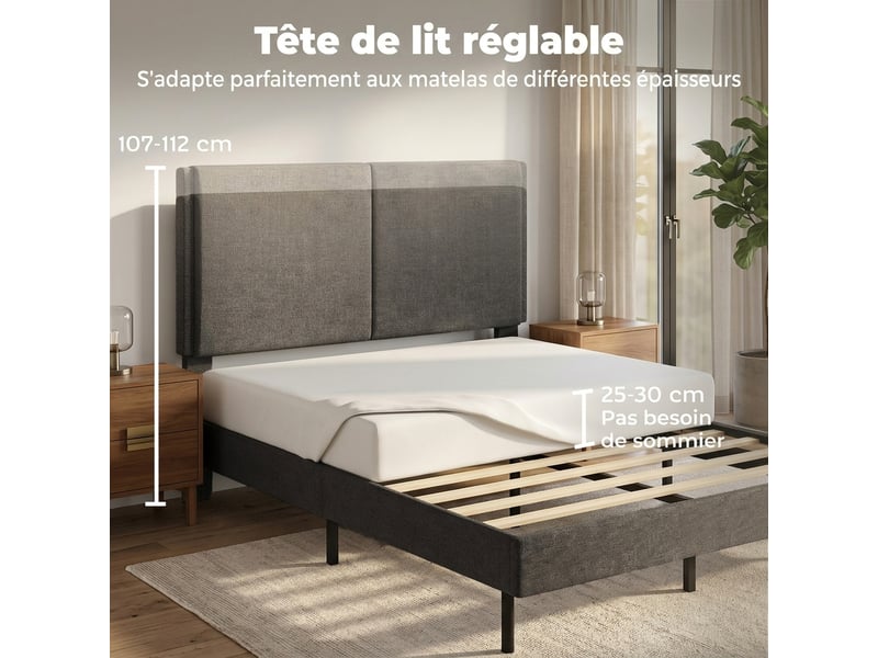  Cadre de lit 140x190 avec sommier, tête réglable et rangement sous le lit, double rembourré gris  - Conforama R